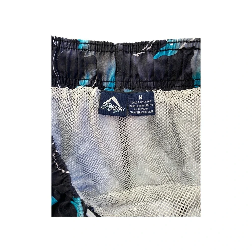 Kanu Men's Black Blue Floral Swim Trunks‎ Shorts M Cargo Pocket Drawstring Waist